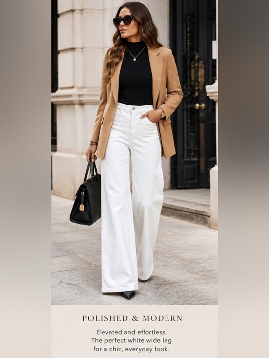 Just Black Denim - JBD Just Black Denim White Wide Leg Jeans High Rise Patch Pocket Long 32" Inseam
